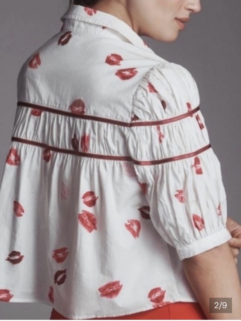 Maeve White Button-Down Blouse with Red and Pink Lip Print